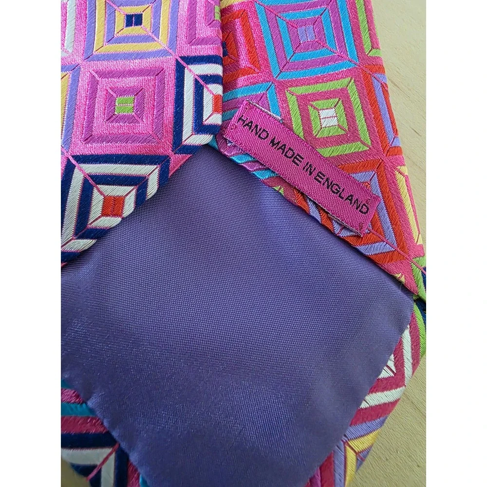 Handmade in England Silk Tie Pink Geometric Concentric Square Embroidered Mens